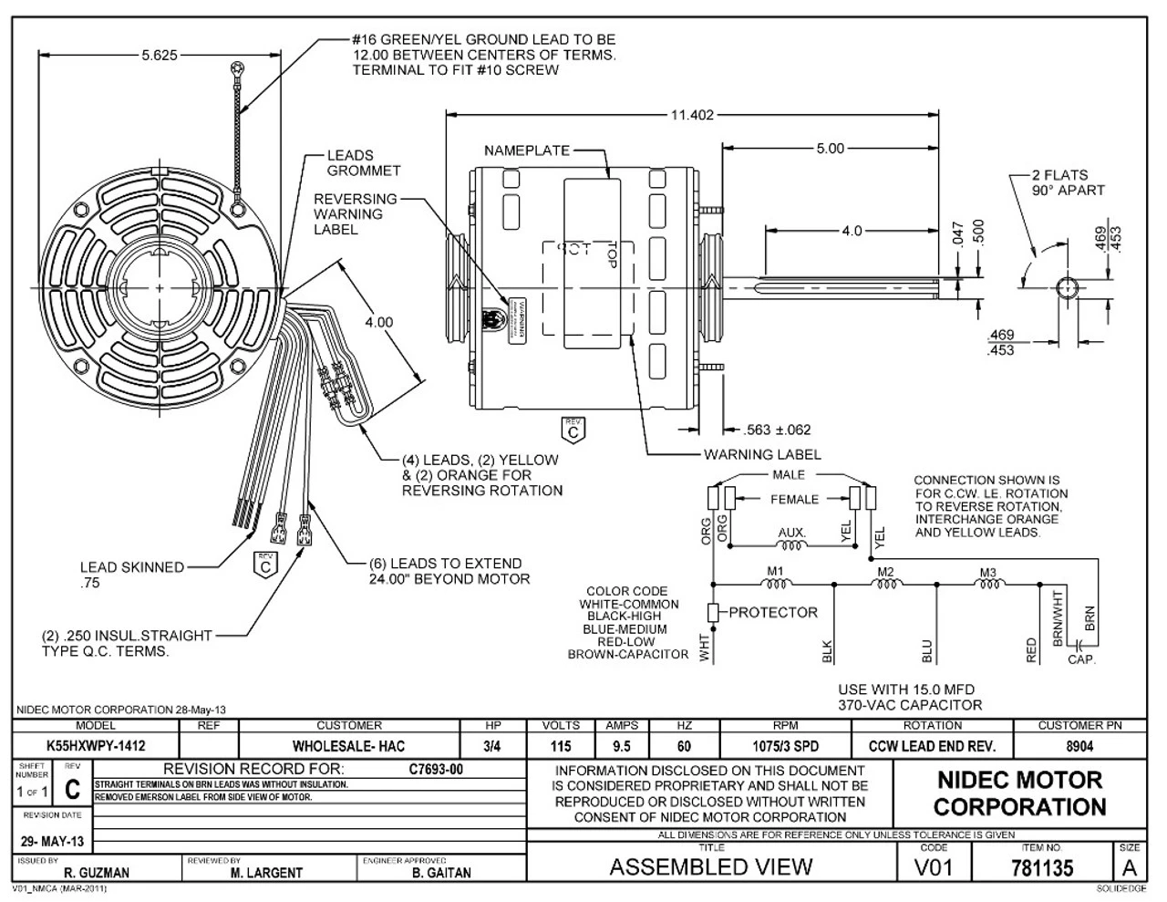 8904 Nidec | 3/4 Hp 1075 RPM 3-Speed 115V; 5.6" Blower Motor 5 8904 Nidec | 3/4 Hp 1075 RPM 3-Speed 115V; 5.6" Blower Motor - Image 3