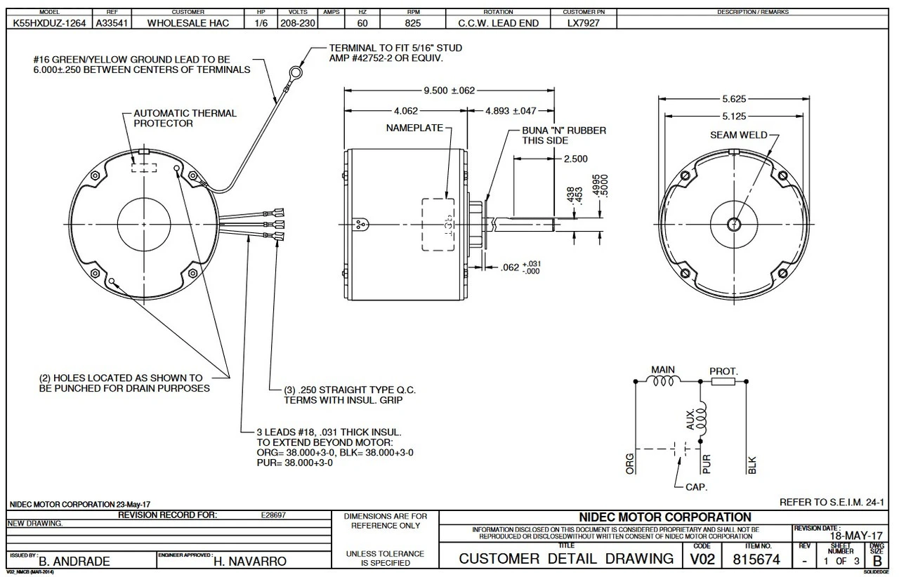 LX7927 Nidec | 1/6 Hp 825 RPM 1-Speed 208-230V; 5.6" Condenser Fan Motor 5 LX7927 Nidec | 1/6 Hp 825 RPM 1-Speed 208-230V; 5.6" Condenser Fan Motor - Image 3