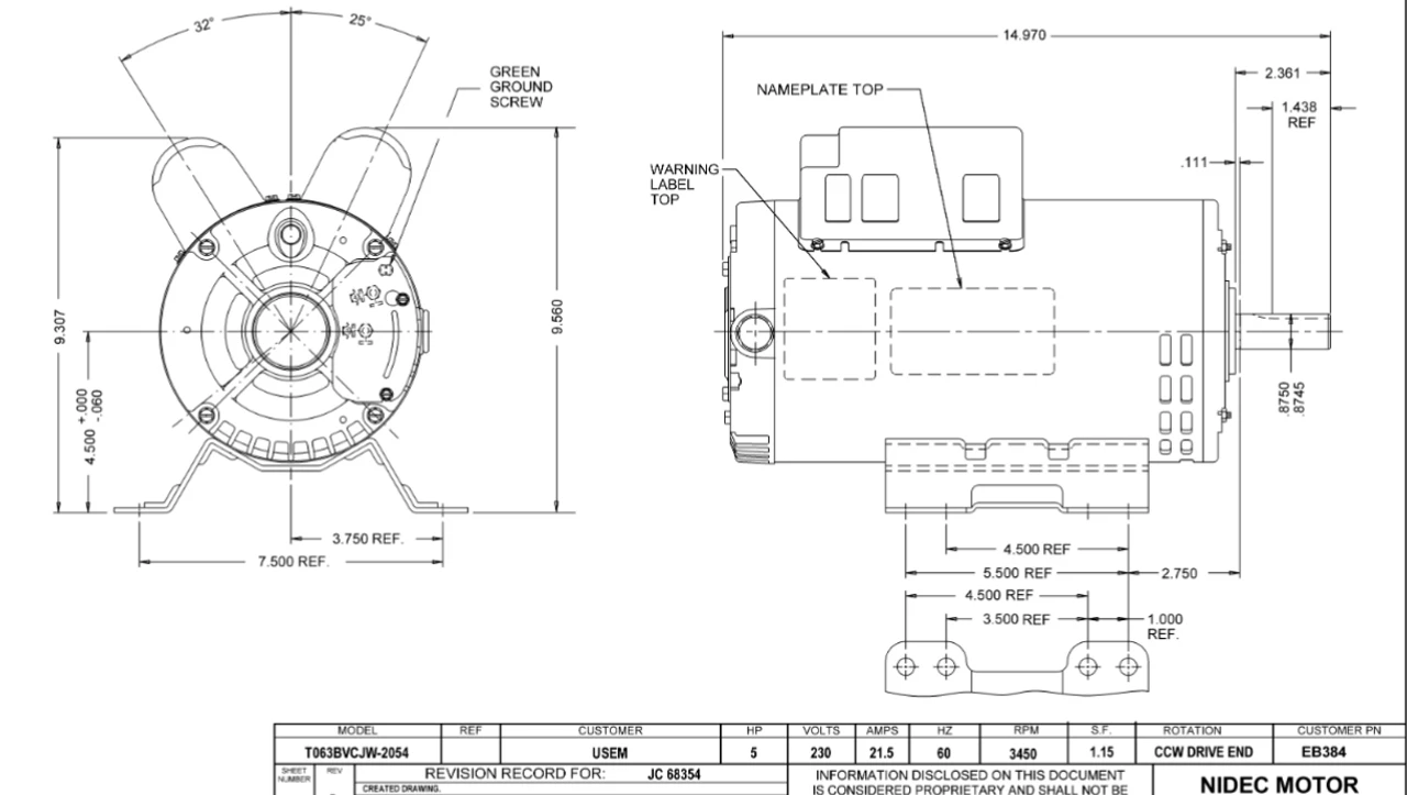 EB384 Nidec 5 HP 3600 RPM 230V 56 Frame (Base) ODP Air Compressor Motor 4 EB384 Nidec 5 HP 3600 RPM 230V 56 Frame (Base) ODP Air Compressor Motor - Image 2