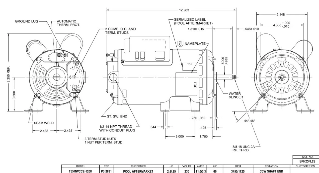 SPH25FL2S US Motors 2 1/2 Hp 3450/1725 RPM 48 Frame 115V Thru-Bolt Pool-Spa Motor 2 SPH25FL2S US Motors 2 1/2 Hp 3450/1725 RPM 48 Frame 115V Thru-Bolt Pool-Spa Motor