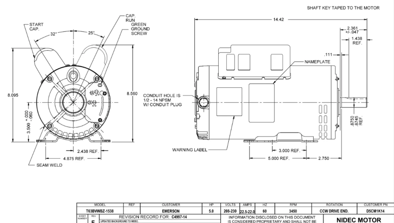 D5CM1K14 Nidec 5 HP 3600 RPM 208-230V 56 Frame (Base) ODP Air Compressor Motor 4 D5CM1K14 Nidec 5 HP 3600 RPM 208-230V 56 Frame (Base) ODP Air Compressor Motor - Image 2