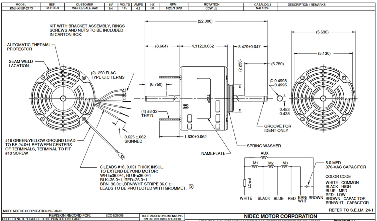 NAL1024 Nidec 1/4 Hp 1625 RPM 115V 5.6" Dia. (No Base) 3-Speed OAO Fan Motor 4 NAL1024 Nidec 1/4 Hp 1625 RPM 115V 5.6" Dia. (No Base) 3-Speed OAO Fan Motor - Image 2