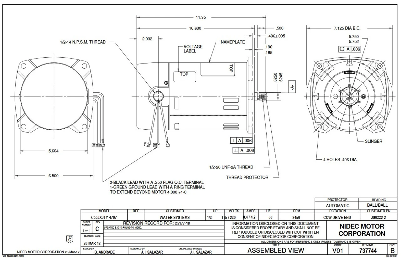 JS1502-2V US Motors 1 1/2 Hp 3450 RPM ODP 48Y 115/230V Jet (Non-Pool) Pump Motor 4 JS1502-2V US Motors 1 1/2 Hp 3450 RPM ODP 48Y 115/230V Jet (Non-Pool) Pump Motor - Image 2