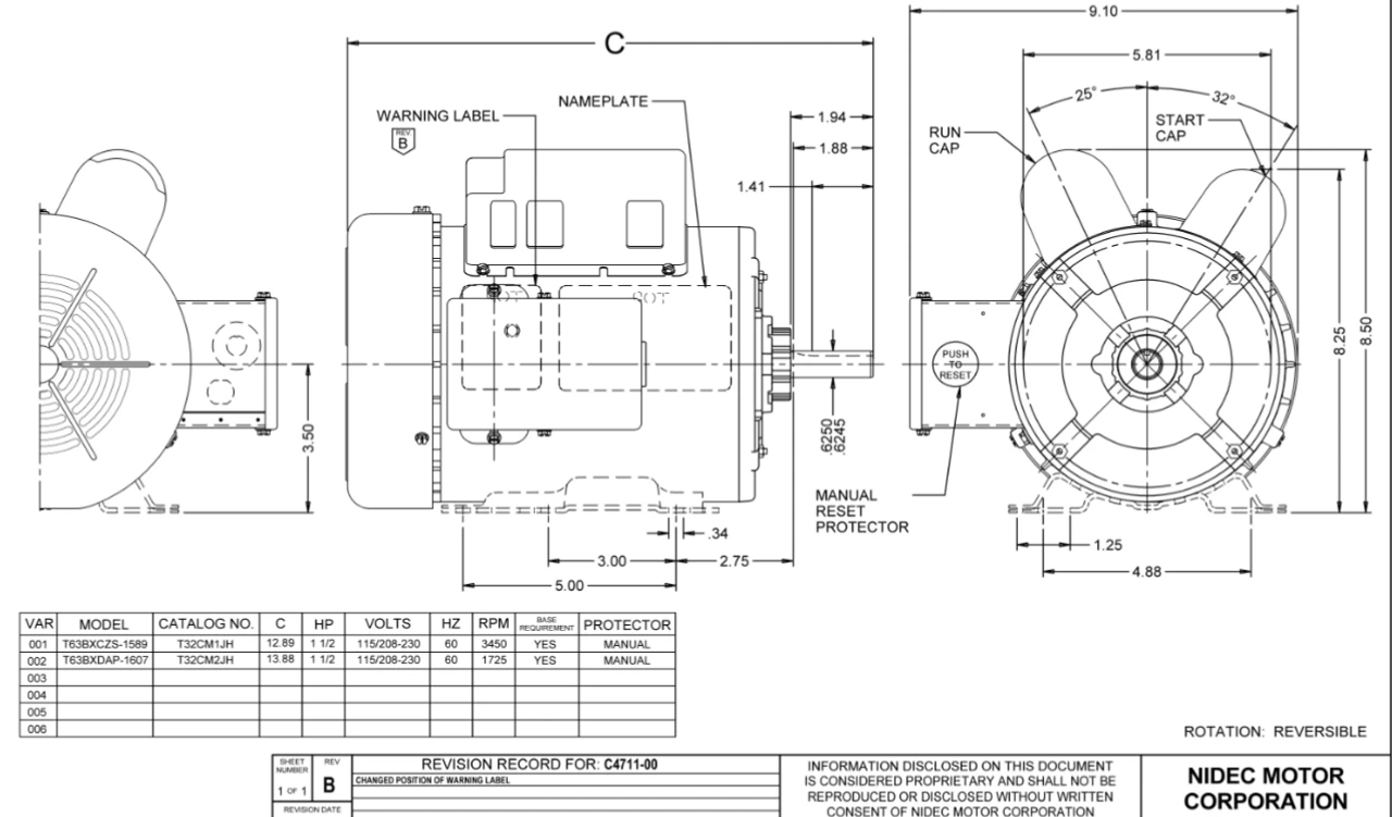 T32CM2JH Nidec 1 1/2 Hp 1800 RPM 115/208-230V 56H Frame (Rigid Base) 1-Speed TEFC Cap Start/Run Motor 4 T32CM2JH Nidec 1 1/2 Hp 1800 RPM 115/208-230V 56H Frame (Rigid Base) 1-Speed TEFC Cap Start/Run Motor - Image 2